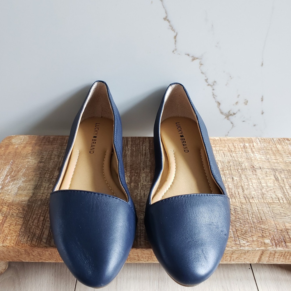 Lucky Brand Leather Flats Womens 7.5 Navy Blue Archh Pointed Toe Ballet Shoes